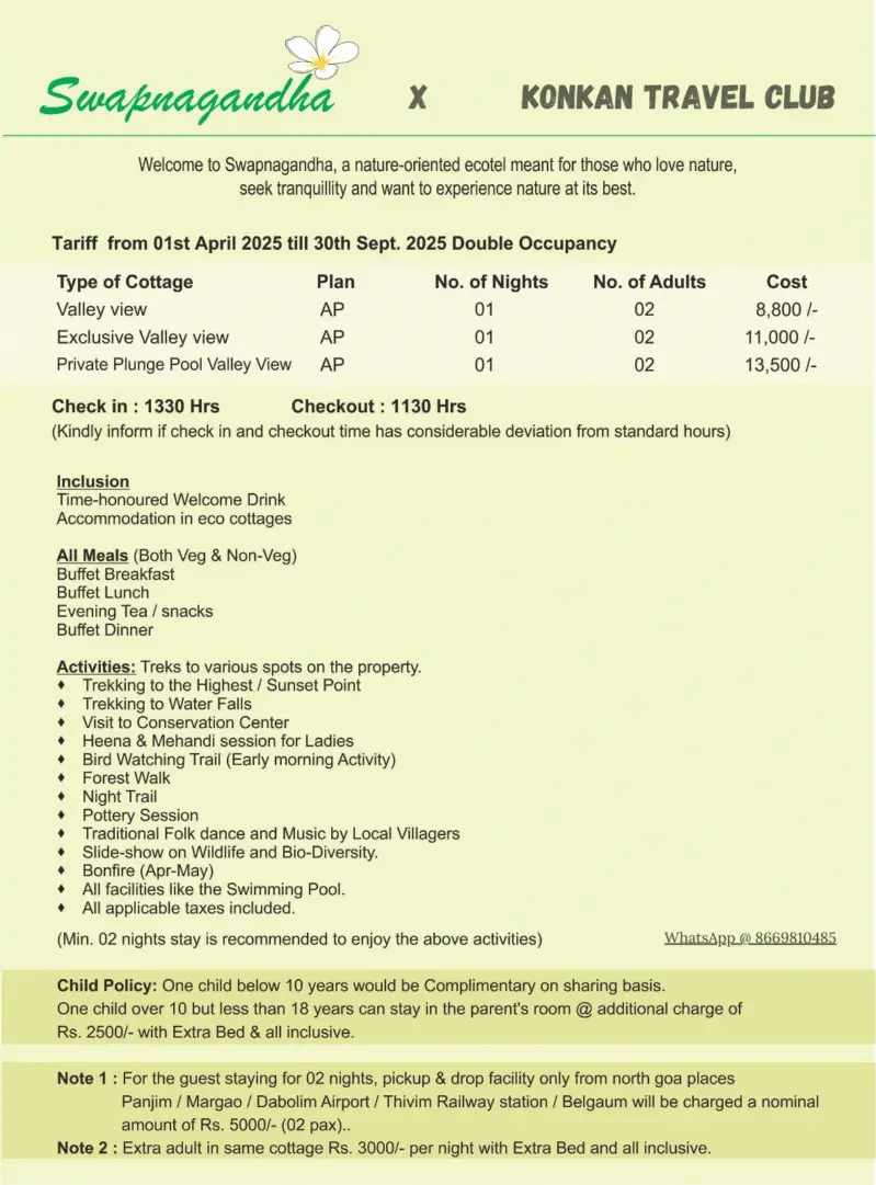 Wildernest Resort Tariff